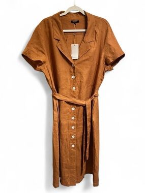 Quince 100% European linen button front dress in terracotta